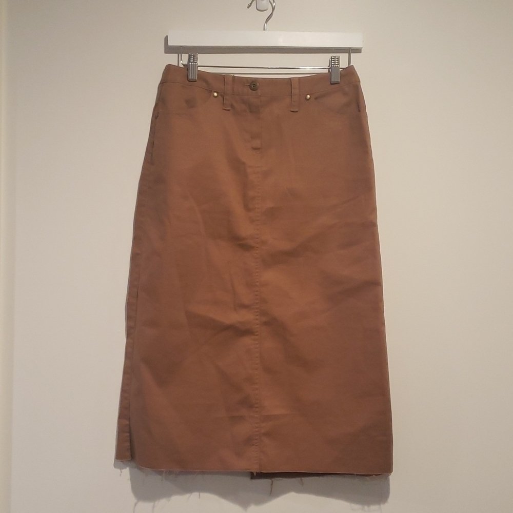 NWOT BROOKS BROTHERS Long Midi skirt raw hem Khaki Zipper Fly